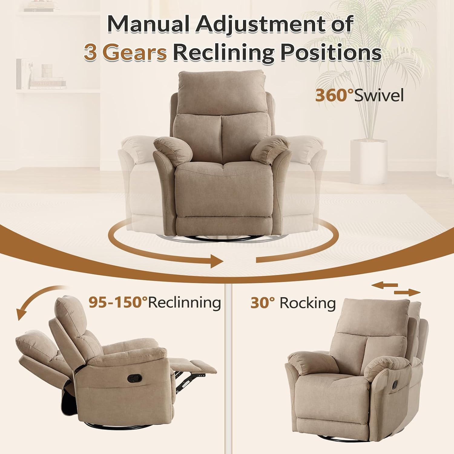 ANJ Swivel Rocker Recliner Rocking Chair Nursery, Manual Glider Rocking Chair for Adults, Modern Fabric Recliners, 360° Swivel Lazy Boy Recliner Chairs for Living Room, rv, Khaki