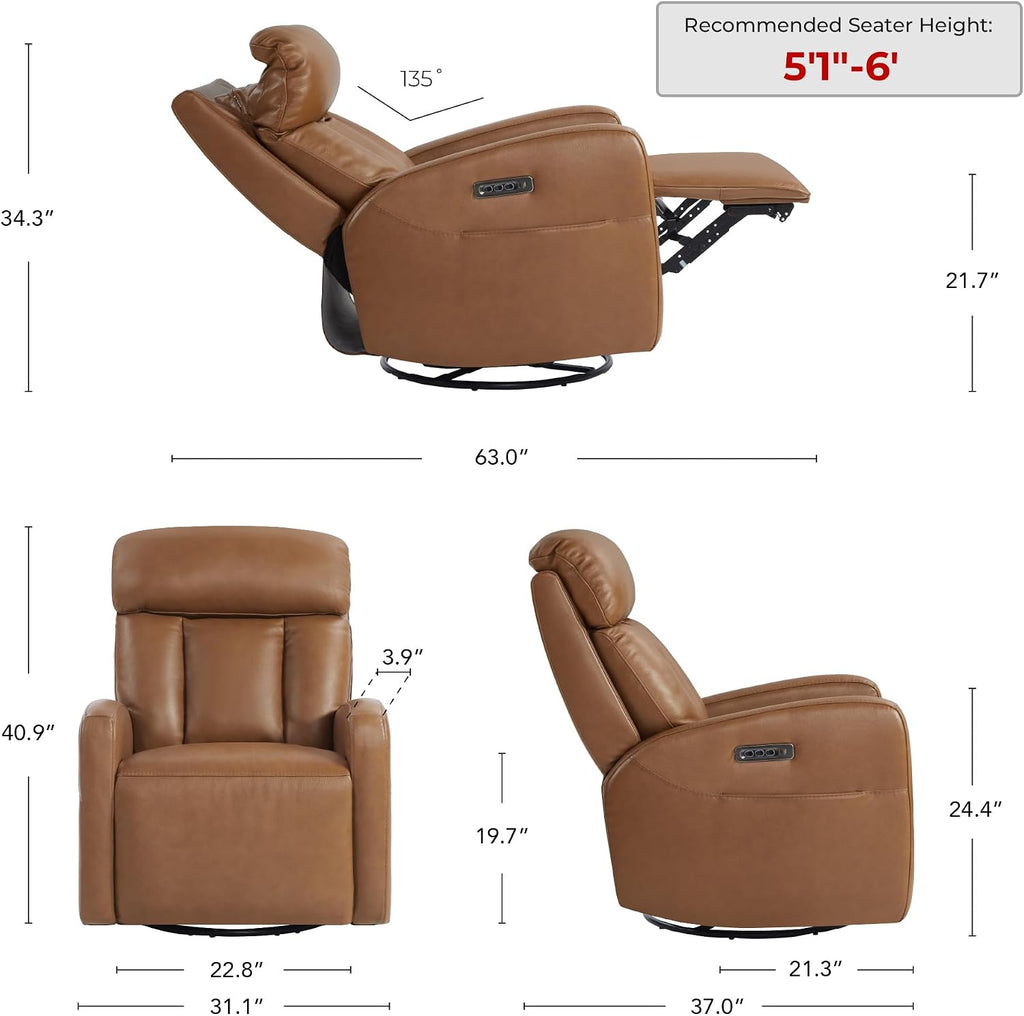 CHITA Leather Power Swivel Recliner Chair for Adults, Triple Motor Electric Rocker Recliner for Living Room with Adjustable Headrest and Lumbar Support, USB & Type-C Charging Ports, Saddle Brown