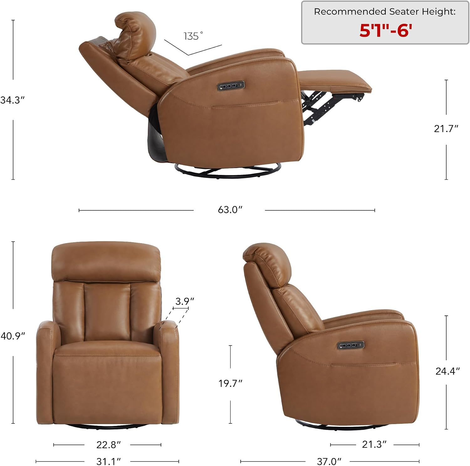 CHITA Leather Power Swivel Recliner Chair for Adults, Triple Motor Electric Rocker Recliner for Living Room with Adjustable Headrest and Lumbar Support, USB & Type-C Charging Ports, Saddle Brown