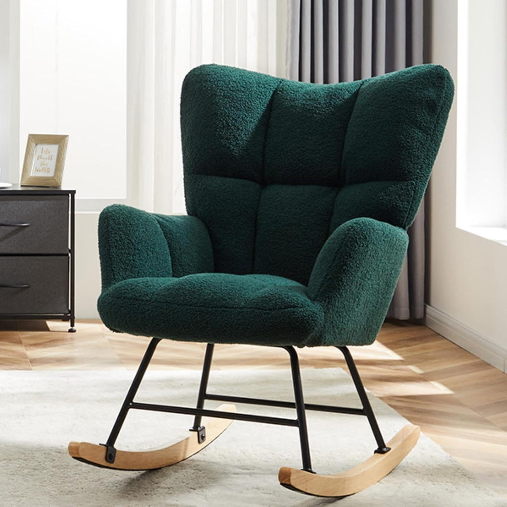 HealSmart Nursery Rocking Chair Teddy - Upholstered Comfy Glider Rocker with High Back Armchair, Cozy Reading Recliner Fluffy Comfortable Chair for Bedroom, Baby Room, Living Room and Study, Green
