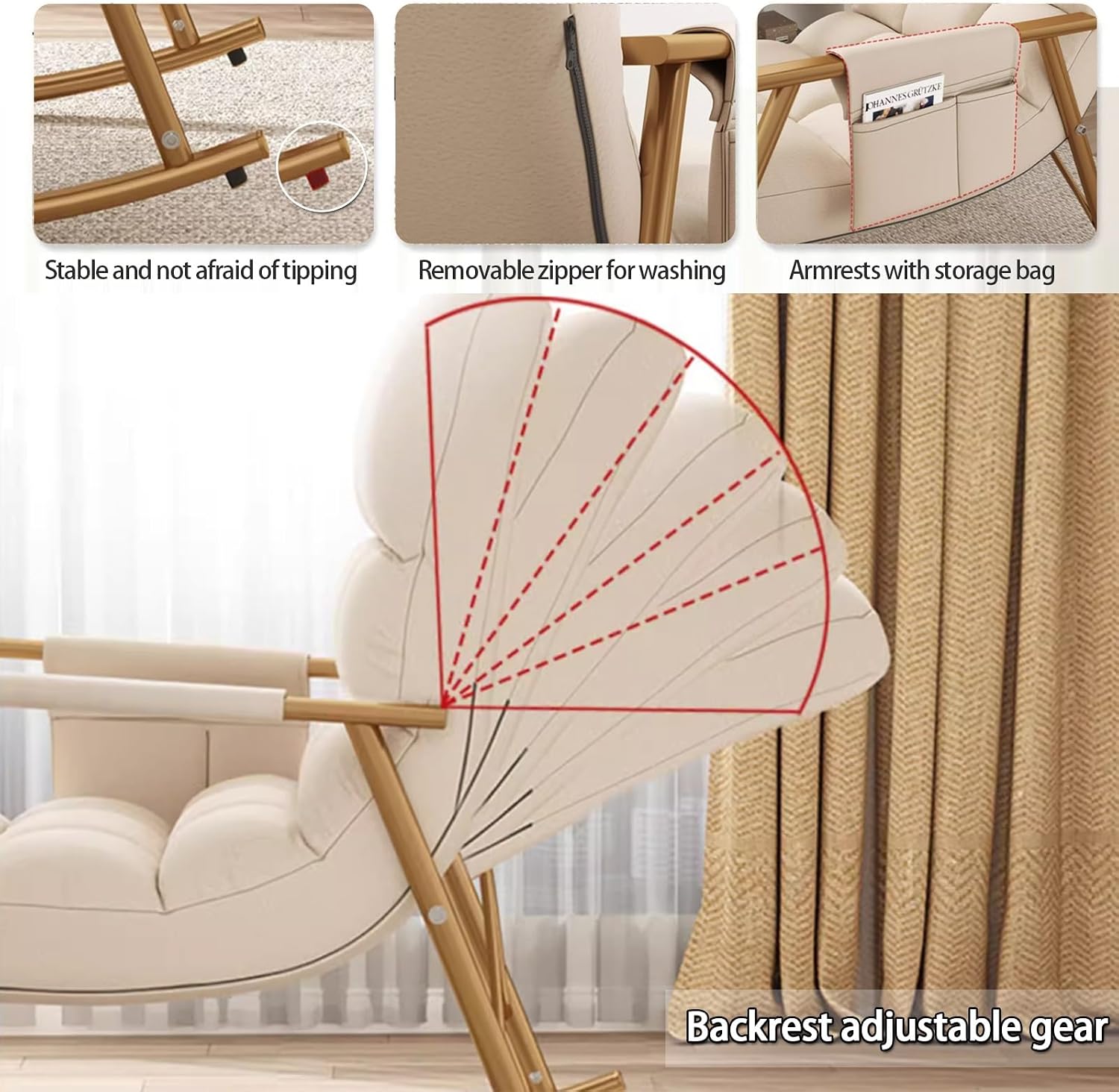 Rocking Chair Nursery with Thick Headrest,Modern Comfortable Upholstered Rocking Chair,Glider Rocker Chair W/Side Pockets,Modern Lounge Chair for Balcony,for Living Room,Classroom,Bedroom