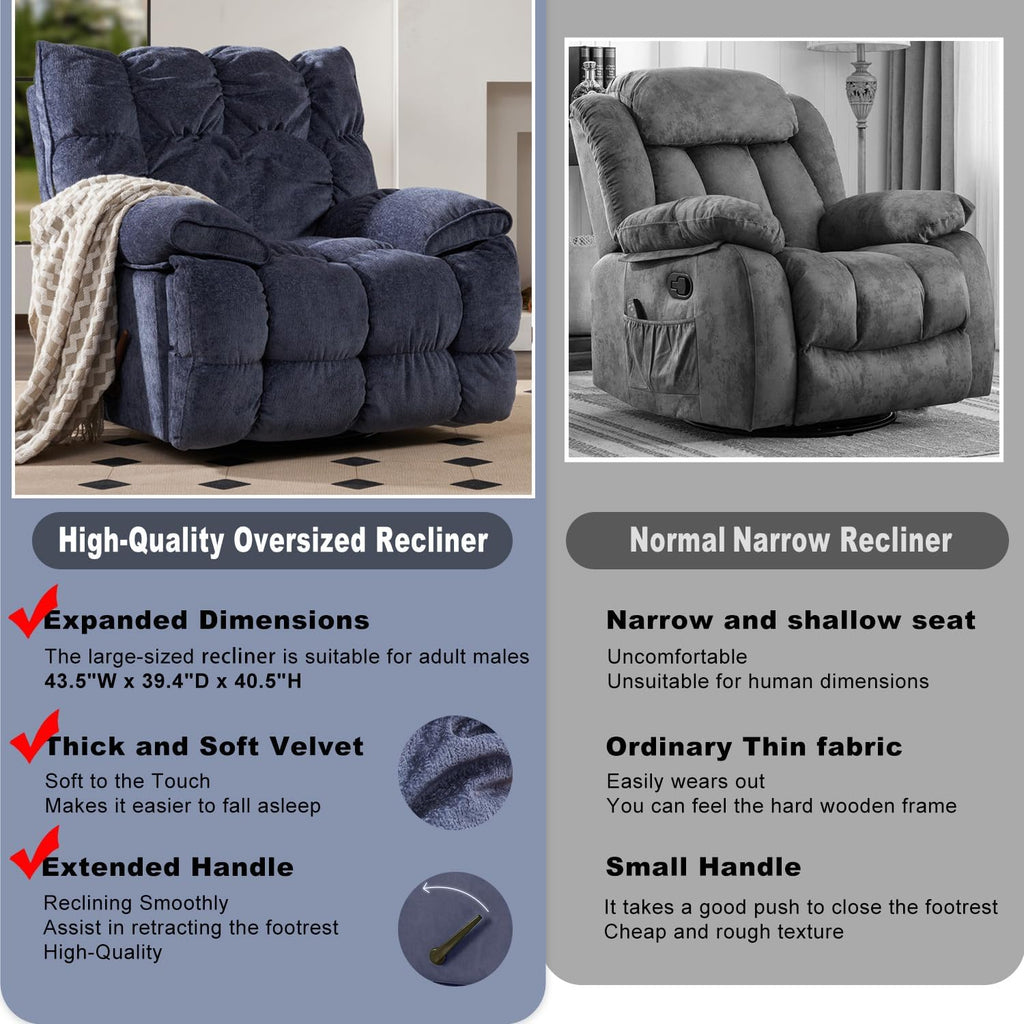 SITJOY Oversized Power Swivel Rocker Recliner Chair, Overstuffed Extra Wide Rocking Chair for Big and Tall, Glider Recliner Nursery Chair, Soft Breathable Fabric in Dark Blue, Manual