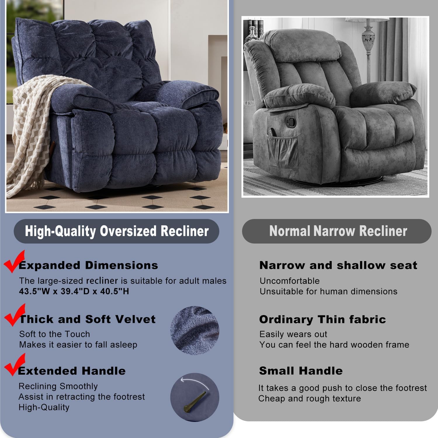 SITJOY Oversized Power Swivel Rocker Recliner Chair, Overstuffed Extra Wide Rocking Chair for Big and Tall, Glider Recliner Nursery Chair, Soft Breathable Fabric in Dark Blue, Manual