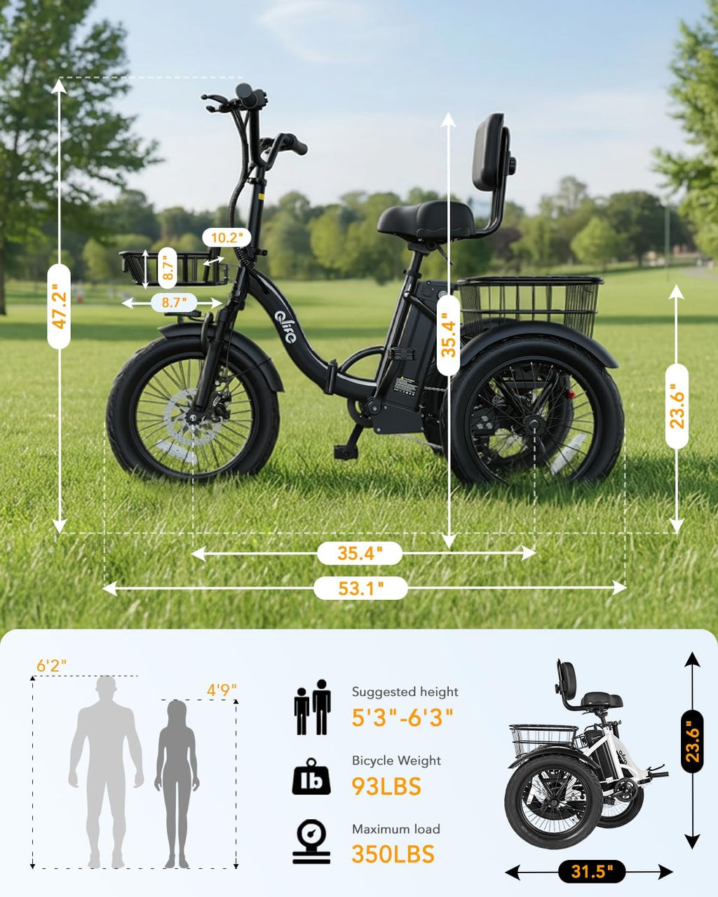 Qlife Triker Electric Bike, Peak 1200W Brushless Motor Folding Trike Ebike, 499Wh Removable Battery, Step-Thru 3 Wheel Electric Bicycle, Up to 55 Miles, 18 Tire Tricycle for Adults