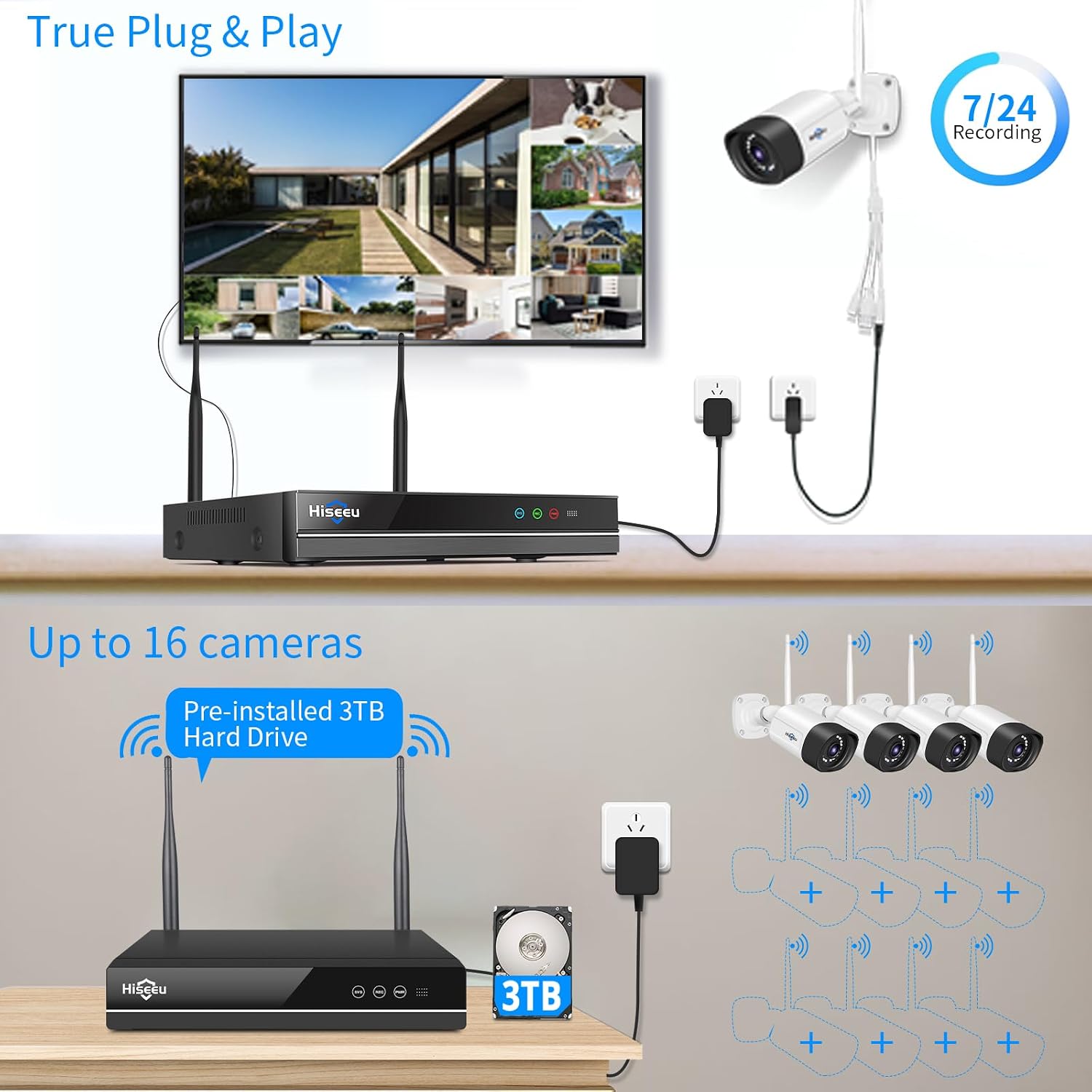 Hiseeu 5MP Wireless Security Camera System with 12 Outdoor Cameras, 16CH WiFi NVR, Color Night Vision, Spotlight & Siren, 2-Way Audio, 3TB Hard Drive, 24/7 Recording, Home Surveillance Kit