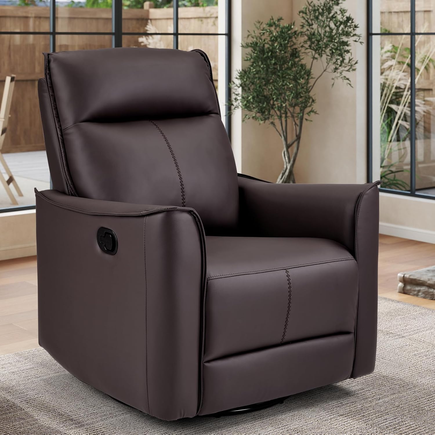 ANJ Manual Swivel Rocker Recliner, Glider Recliners with Padded Armrest and Backrest, Soft Leather Nursery Rocking Recliner Chair Reclining Sofa for Living Room