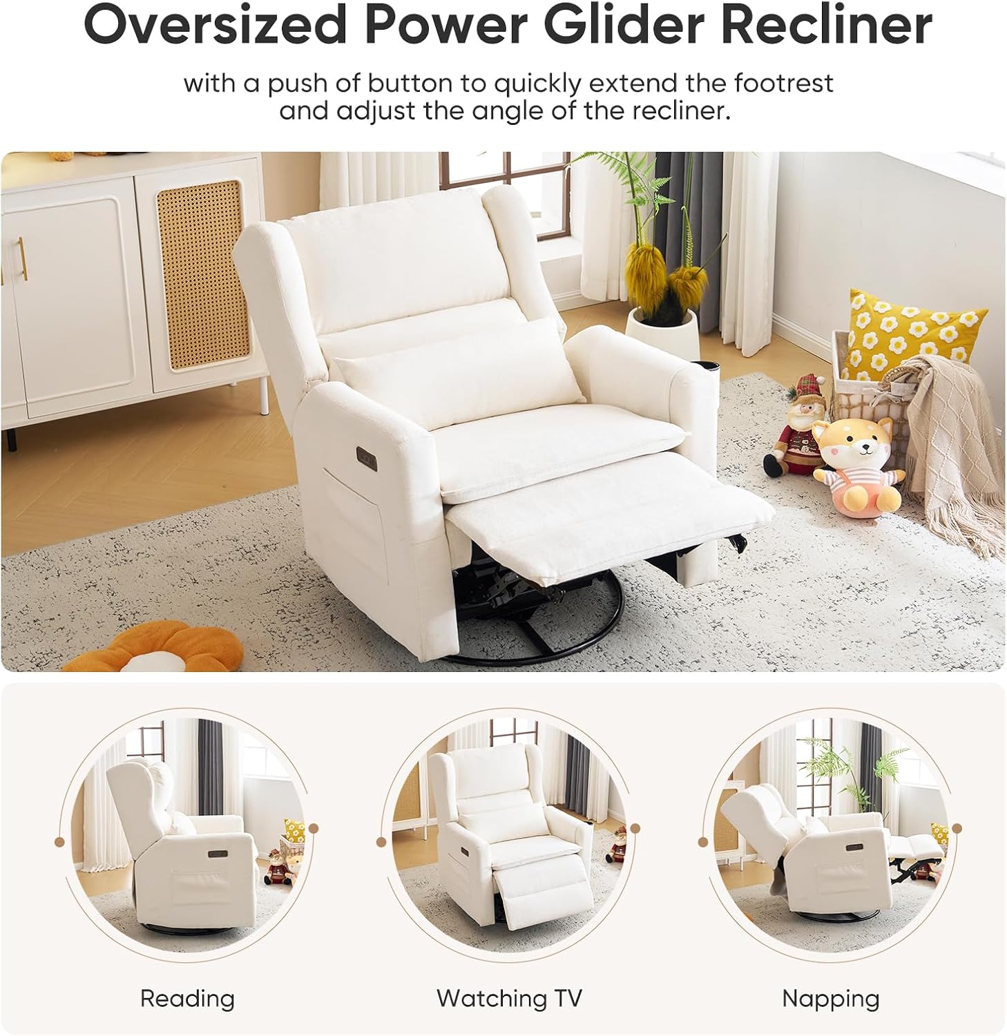 Power Recliner Chair Swivel Glider, Oversized Swivel Rocker Recliner with Adjustable Headrest,Comfy Chenille Glider Rocking Nursery Chair with Overstuffed Lumbar Support, USB Ports, White