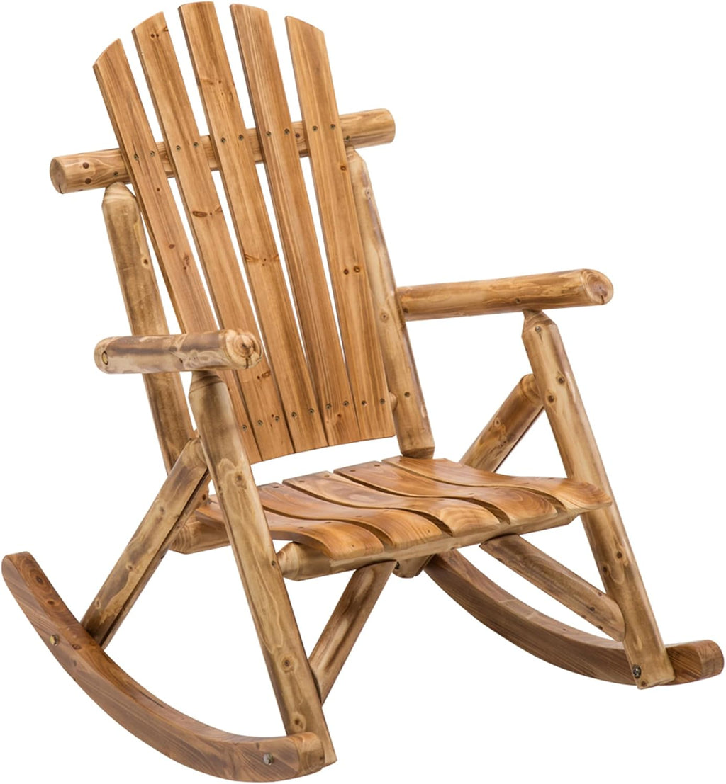 DJL Wooden Rocking Chair Log Outdoor Rocker Outside Patio Lawn Furniture Living Room Porch Comfy Beach Balcony, Heavy Duty, Lightly Toasted