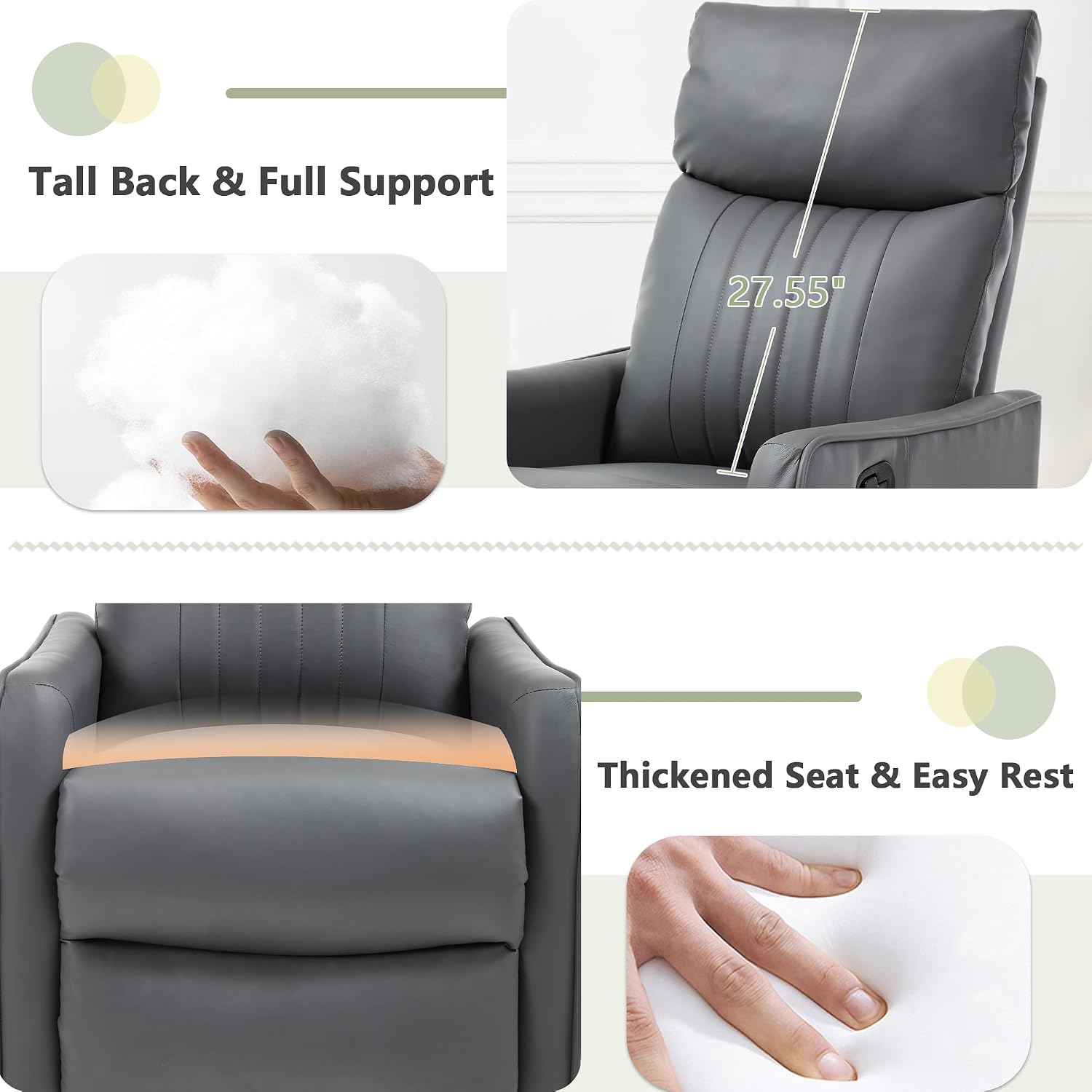 cinkehome Heated Massage Swivel Rocker Recliner Chair for Nursery - Small Space Reclining Chair with Lumbar Support, 360° Swivel & Gentle Rocking, Ergonomic High Back Faux Leather Gray