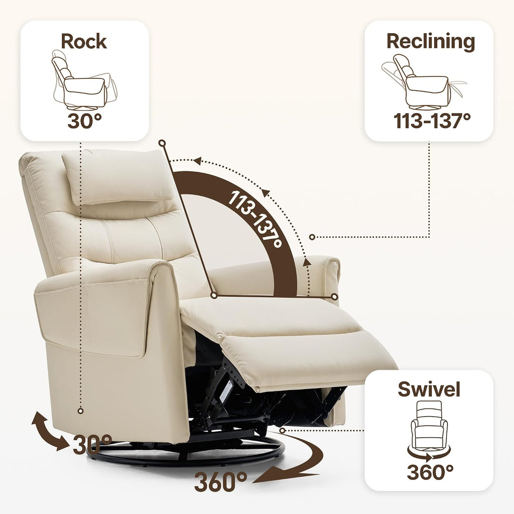 AIRSKY Leather Recliner Chair, Top Grain Leather, Italian Water-Washing Process, Rocking Chair Nursery,Swivel Rocker Recliner, Nursery Rocking Chairs,Movable Headrest,Living Room Chair, Beige,R3