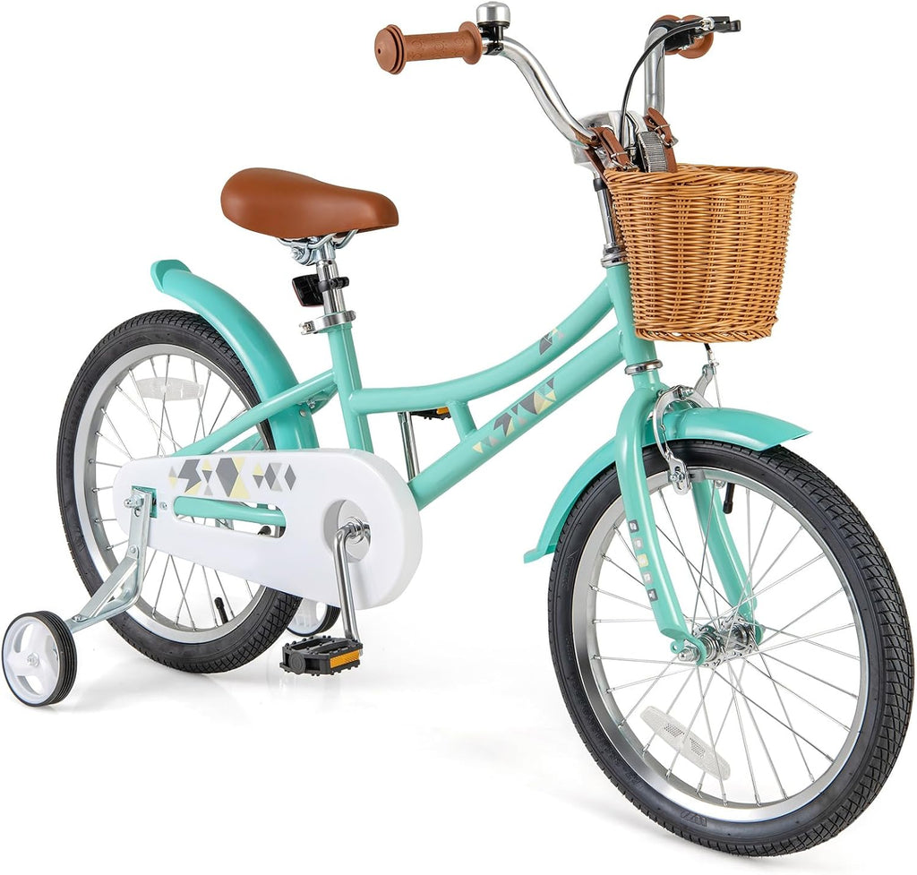 BABY JOY Retro Kids Bike, 12 14 16 18 Inch Child Bike for 3-8 Years Old w/Rattan Basket, Adjustable Height, Training Wheels, Fenders, Handbrake Coaster Brake, 95% Pre-Assembled Kids Bicycle for Girls