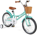 BABY JOY Retro Kids Bike, 12 14 16 18 Inch Child Bike for 3-8 Years Old w/Rattan Basket, Adjustable Height, Training Wheels, Fenders, Handbrake Coaster Brake, 95% Pre-Assembled Kids Bicycle for Girls