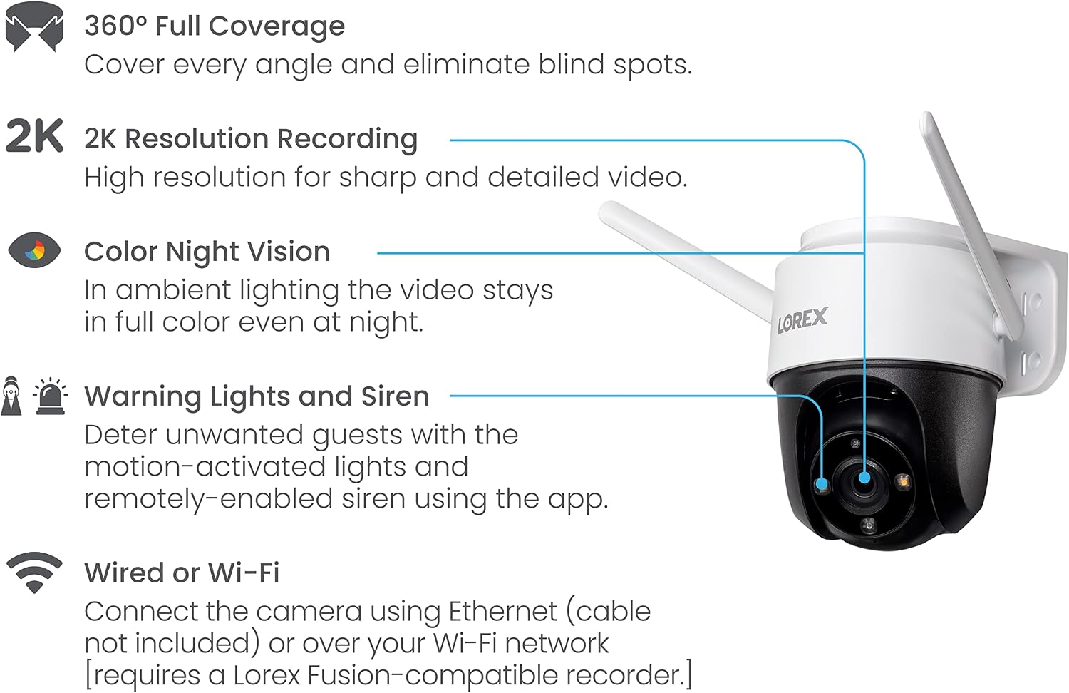 Lorex 2K Pan-Tilt Outdoor WiFi Security Camera | 360° View | Auto-Tracking | Color Night Vision | Person Detection | Warning Light & Siren | IP66 Weatherproof | 32GB MicroSD Included | No Monthly Fee