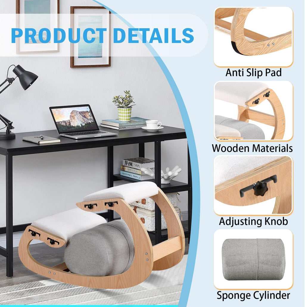 Adjustable Kneeling Chair, Wooden Ergonomic Chair Knee Chair Posture Chair - Improve Your Posture with an Angled Seat for Home,Office (Wood Color+ Pads)