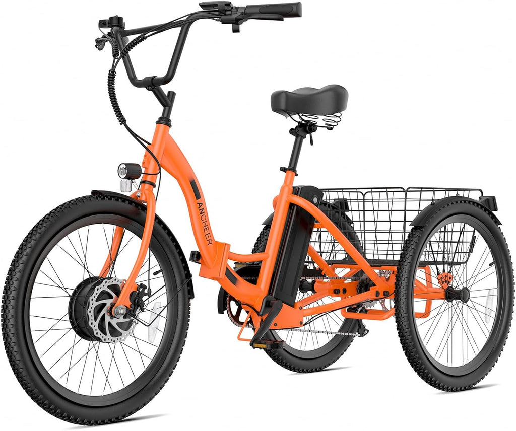 ANCHEER Electric Tricycle for Adults, 350W(Peak 550W) Etrike, 48V/499Wh Ebike, 24' Folding 3 Wheel Electric Trike, 15.5MPH & 55Miles Electric Bike, Rear Differential, Rear Basket