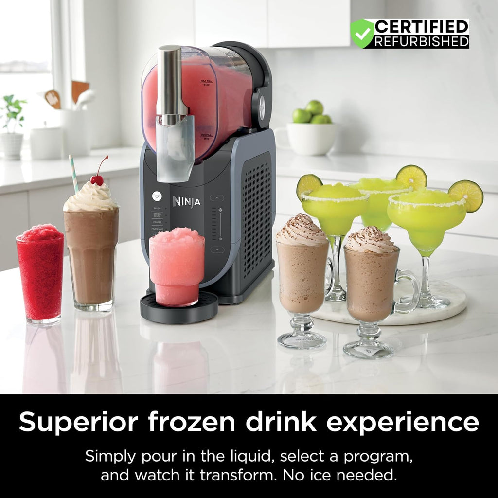 Ninja FS301 SLUSHi 88 oz. Frozen Drink & Slushie Machine (Renewed) Bundle with Deco Essentials Collapsable Water Bottle BPA Free 24oz Gray/Stainless and 1 YR CPS Enhanced Protection Pack