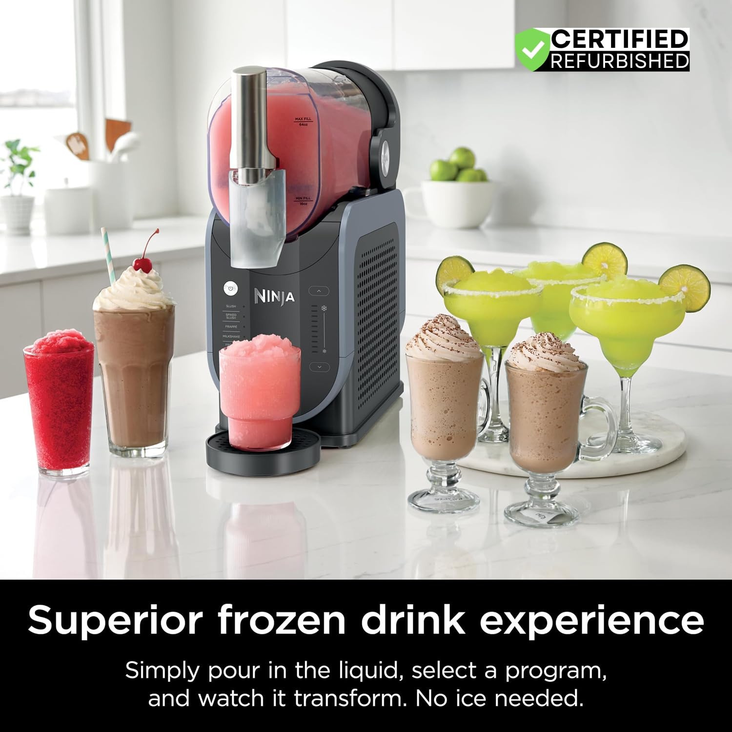 Ninja FS301 SLUSHi 88 oz. Frozen Drink & Slushie Machine (Renewed) Bundle with Deco Essentials Collapsable Water Bottle BPA Free 24oz Gray/Stainless and 1 YR CPS Enhanced Protection Pack