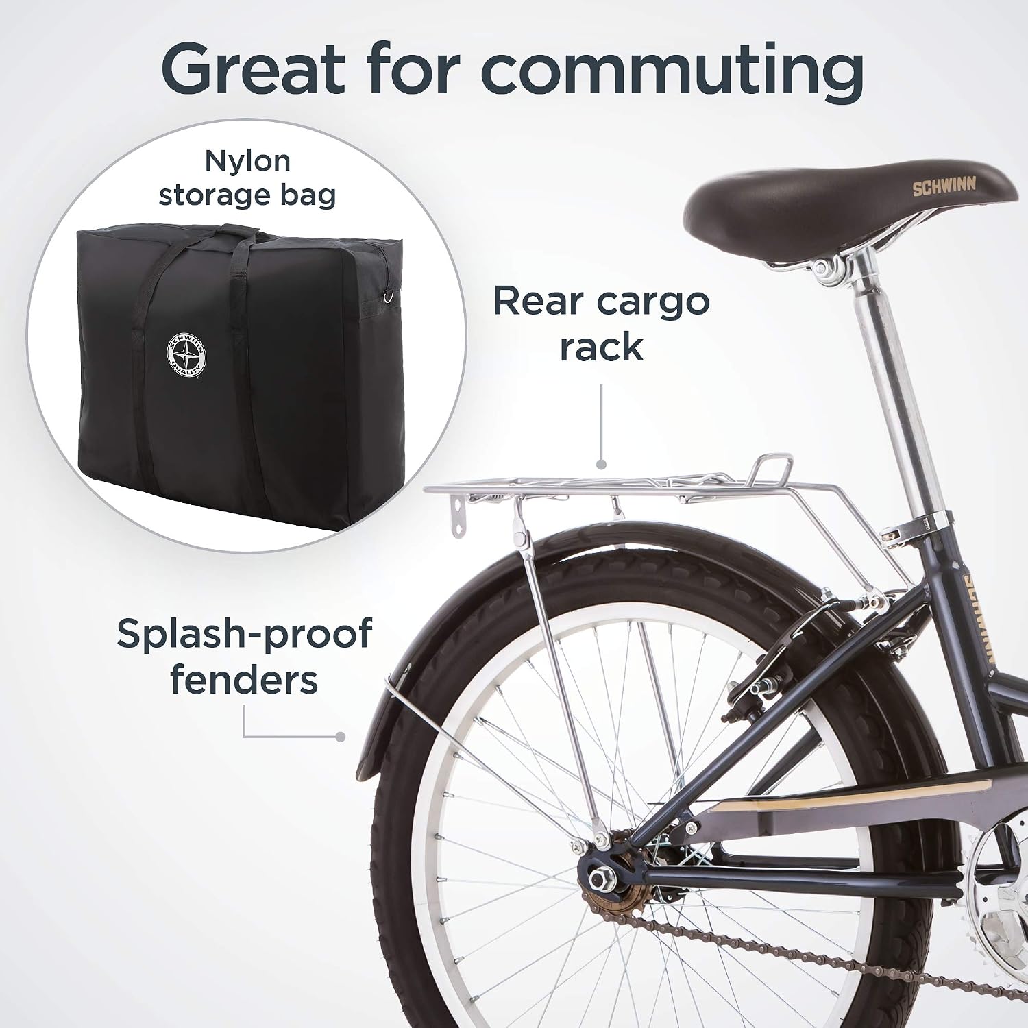 Schwinn Hinge Adult Folding Bike, 20-inch Wheels, Rear Carry Rack, Carrying Bag, Multiple Colors