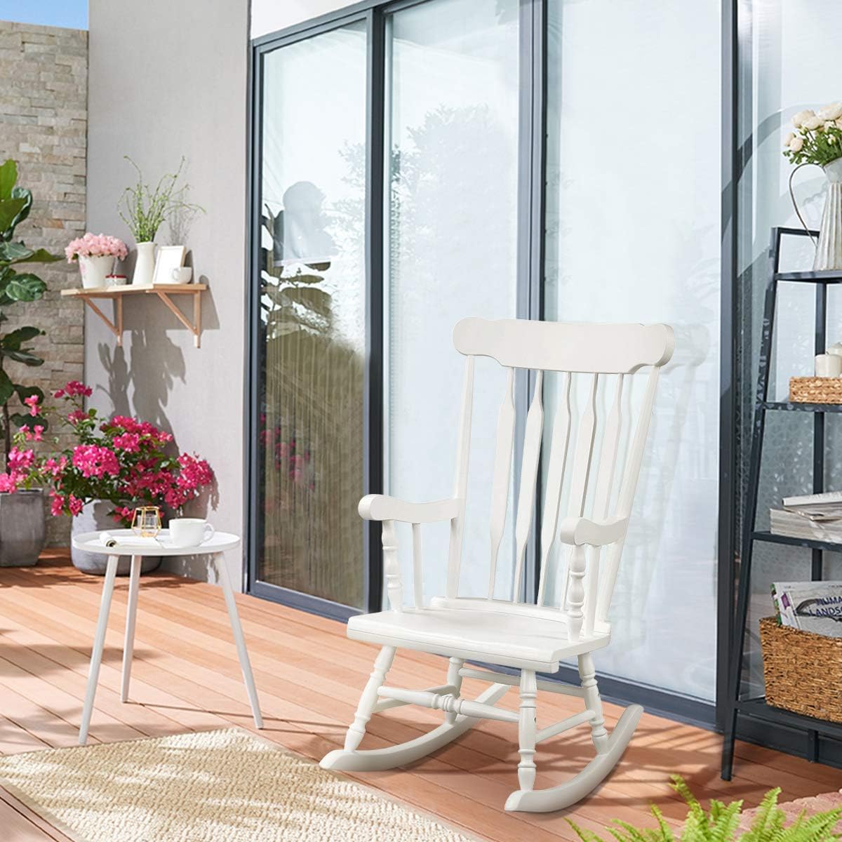 Giantex Outdoor Wood Rocking Chair Set of 2 - Patio Rocking Chair with Rubber Wood Frame, Slat Back, Outside & Indoor Rocker for Garden, Poolside, Balcony, Backyard, Lawn, Front Porch Rocker, White