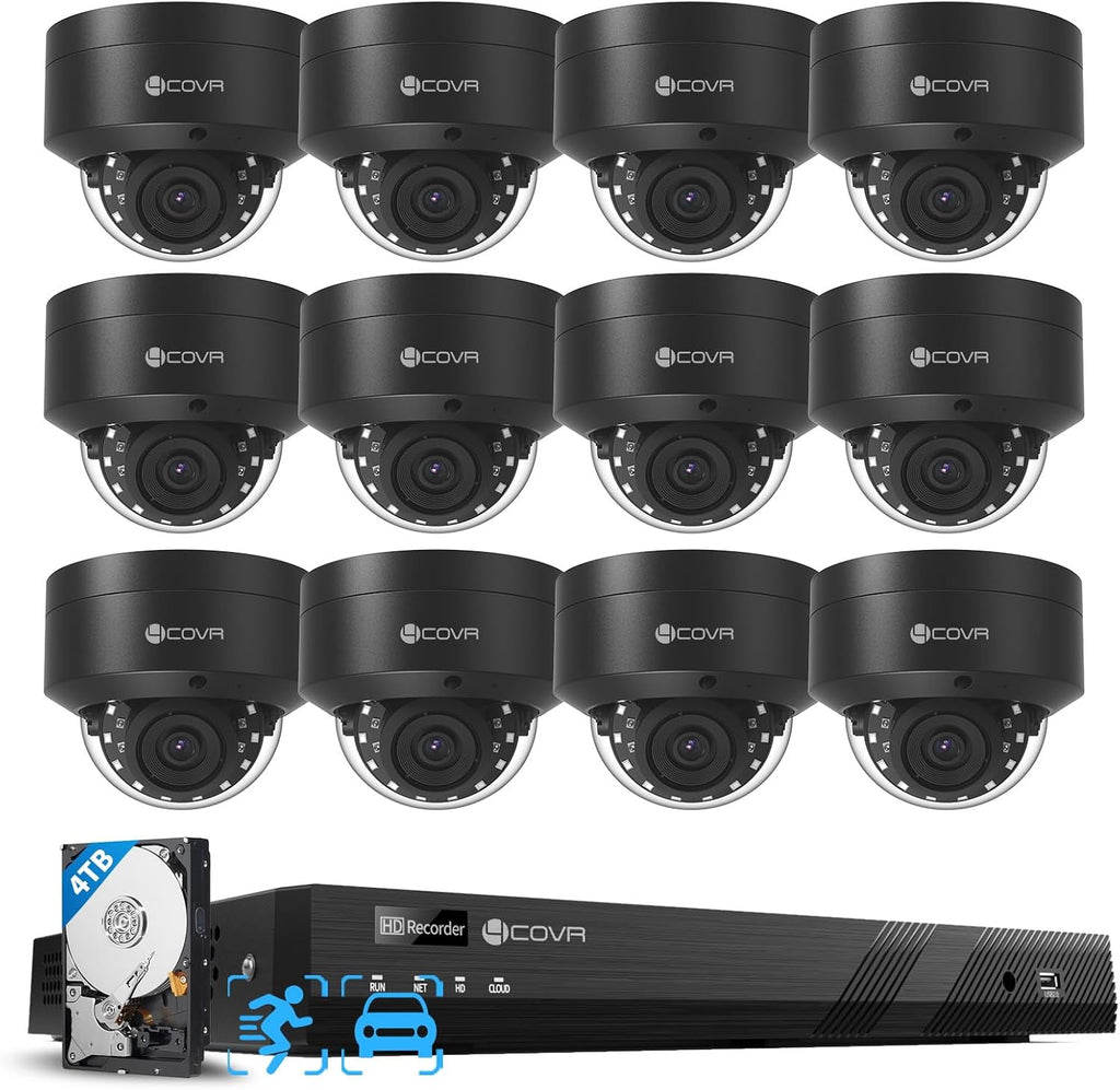 4COVR Commercial Security Camera System 4K PoE, 12Pcs IK10 Vandal-Proof 8MP Wired Dome IP Camera IP67 AI Human/Vehicle Detection, 16 Channel NVR 4TB HDD, Business Surveillance Outdoor, LY54AB8M1612