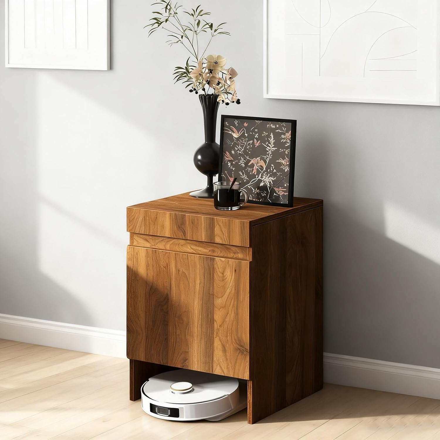 Robot Vacuum Stand Cabinet,Storage Cabinet with Doors for Robot Vacuum Cleaner,Robot Vacuum and Mop Self Emptying Small Storage Cabinet,Side Table for Living Room, Home Office(Brown)