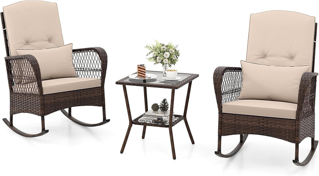 Tangkula 3 Piece Patio Rocker Set, Patiojoy Outdoor Wicker Rocking Chairs w/Double-Layer Coffee Table, Rattan Rocker Chair Set w/Seat Back Cushions & Pillows, for Porch, Backyard, Poolside (Beige)