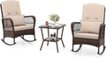 Tangkula 3 Piece Patio Rocker Set, Patiojoy Outdoor Wicker Rocking Chairs w/Double-Layer Coffee Table, Rattan Rocker Chair Set w/Seat Back Cushions & Pillows, for Porch, Backyard, Poolside (Beige)