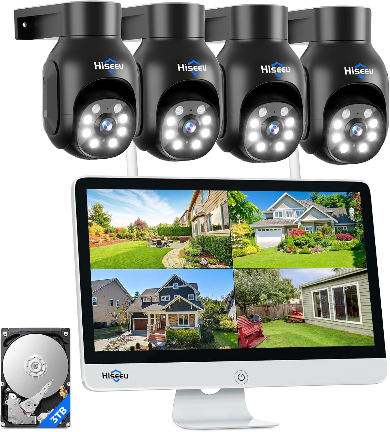 Hiseeu Wireless Security Camera System,All-in-One with 15' LCD Monitor 16CH NVR 4PCS 5MP PTZ Outdoor Camera,3TB HDD Storage, 2-Way Audio, Color Night Vision, Motion Alert,2.4Ghz WiFi
