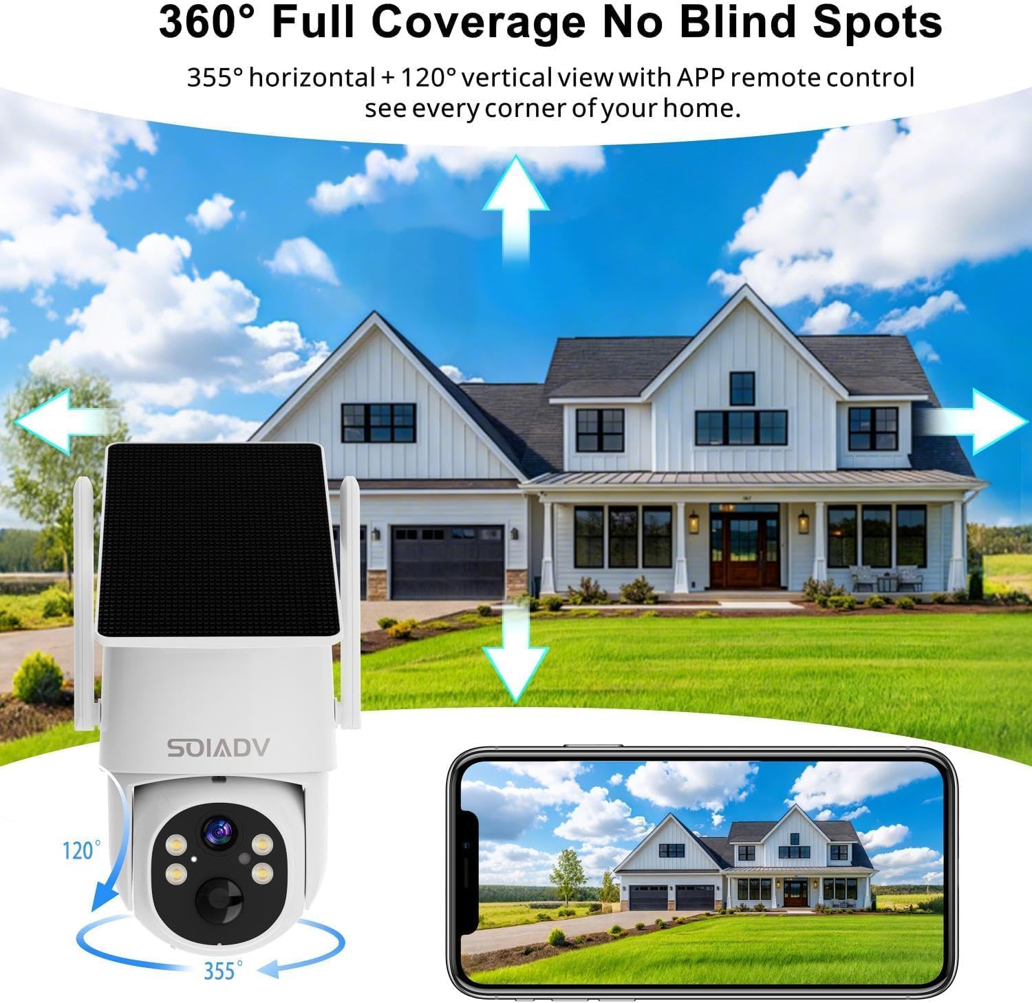 SOIADV 4Pack Solar Security Camera Wireless Outdoor with 360°View, 2K Color Night Vision, PTZ Camera for Home Security, Battery Powered, Two Way Audio, Motion Detection, PIR Alarm, IP65 Weatherproof