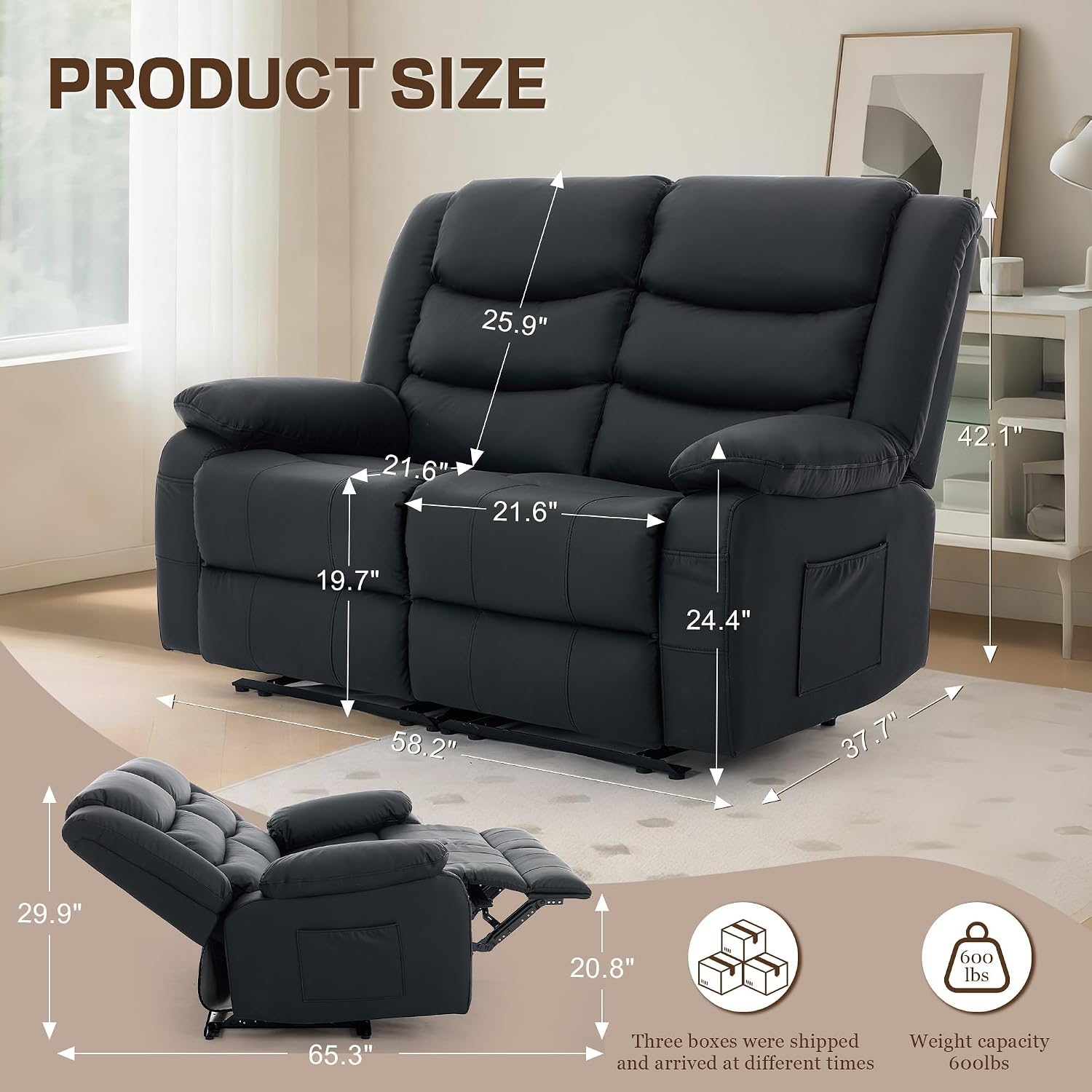 Korser Loveseat Recliner Sofa for RV Furniture and Theater Seating, Wall Hugger Loveseat Recliner, Oversized Loveseats Couch with Front Porckets&Side Pockets, Fabric, Black