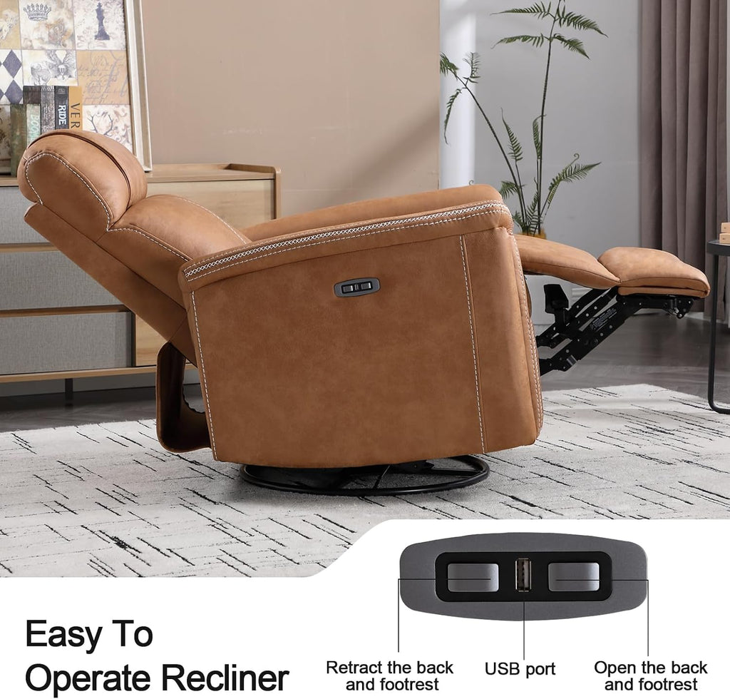 CANMOV Faux Leather Power Swivel Rocker Recliner,Glider Recliner for Nursery,Electric Swivel Rocker with USB Port,Upholstered Nursery Glider Reclining Sofa for Living Room,Brown1