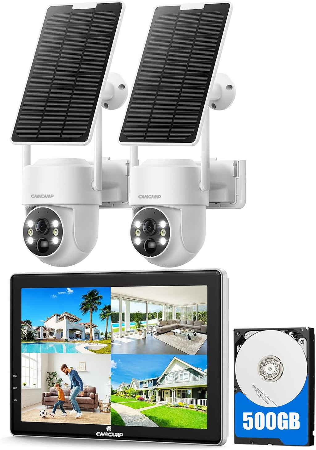 CAMCAMP Solar Security Cameras Outdoor Wireless with 10' 10CH Monitor, 2 Cam-Kit, No Subscription, Solar-Powered, Home Security Cameras System with 360° Pan & Tilt, 2K Color Night Vision, HDMI Output