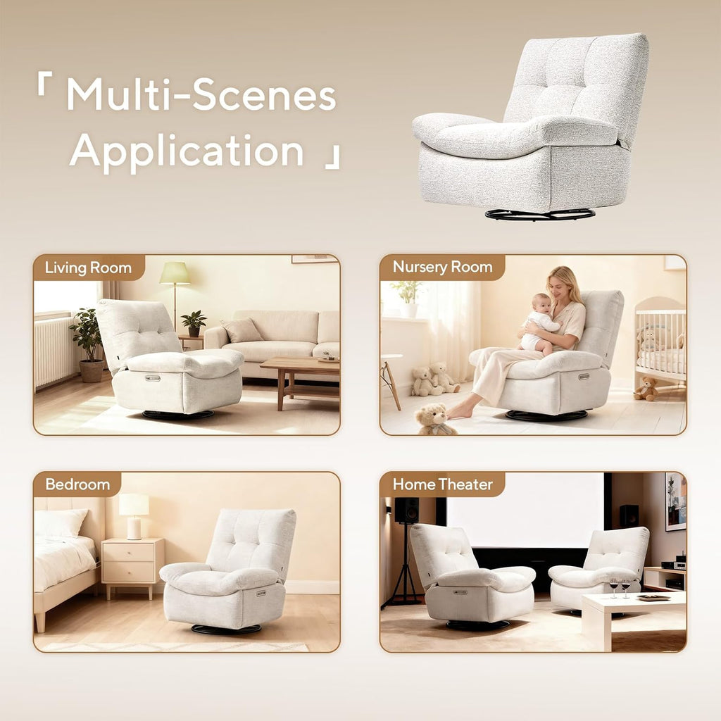 Nouhaus Swivel Rocking Chair Nursery, Oversized Glider Rocker Recliner Chairs w/Footrest, USB & Type-C Ports, Rocking Recliner Chair for Nursery, Living Room (Snooze Classic, Linen White)