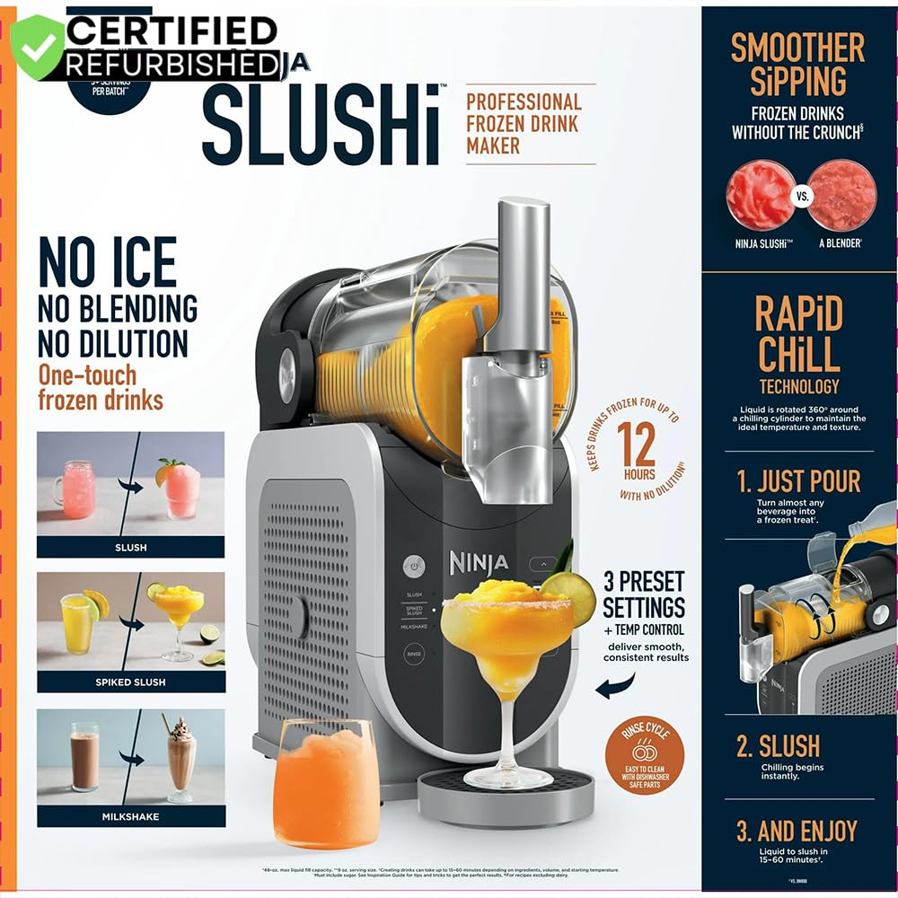 Ninja FS300 SLUSHi 72oz. Frozen Drink & Slushie Machine (Renewed) Bundle with Deco Essentials Collapsable Water Bottle BPA Free 24oz Gray/Stainless and 1 YR CPS Enhanced Protection Pack