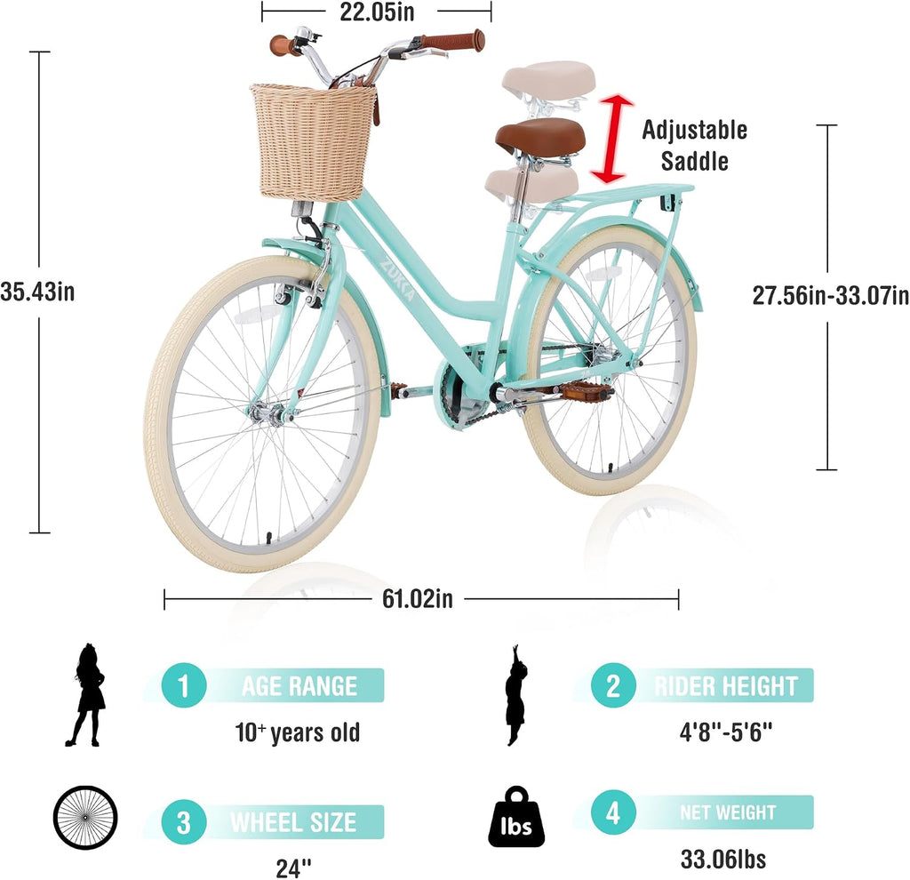 MEGHNA Cruiser Bike 20 inch/24 inch Wheels Girls Women Bike Single Speed Commuter Bike with Basket V-Brake and Coast Brake Women Ladys Bicycle, Multicolors