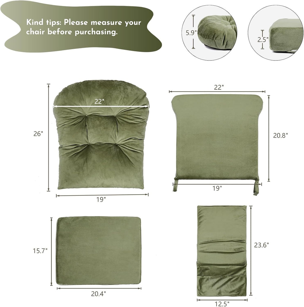 Lucky Monet 5Pcs Glider Rocker Replacement Cushions - Velvet Glider Cushions Replacement Set with Side Storage Pockets, Thick Glider Chair Cushions Washable & Non Slip, Cushion ONLY - Green