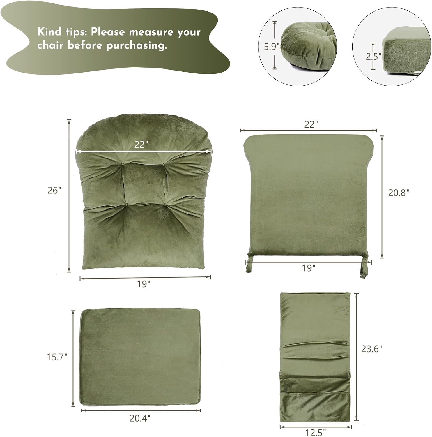 Lucky Monet 5Pcs Glider Rocker Replacement Cushions - Velvet Glider Cushions Replacement Set with Side Storage Pockets, Thick Glider Chair Cushions Washable & Non Slip, Cushion ONLY - Green