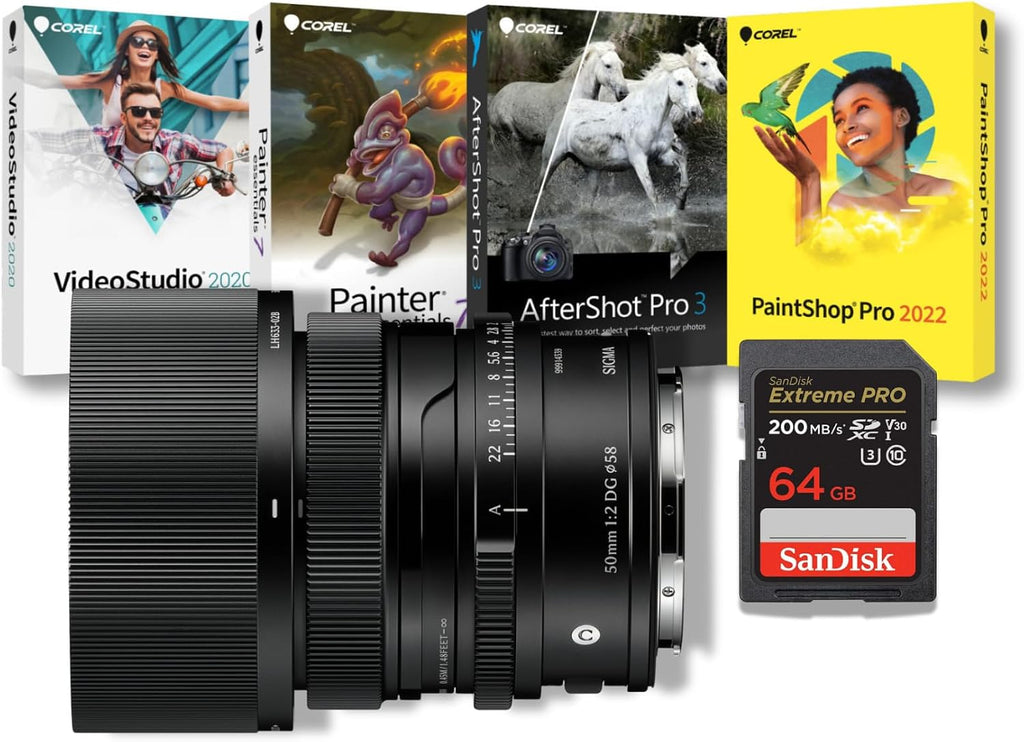 Sigma 50mm F2 DG Contemporary Lens with Manual Aperture Ring 9-Blade Diaphragm Super Multi-Layer Coating (Black, L Mount) Bundle with Software Suite and Memory Card (3 Items)