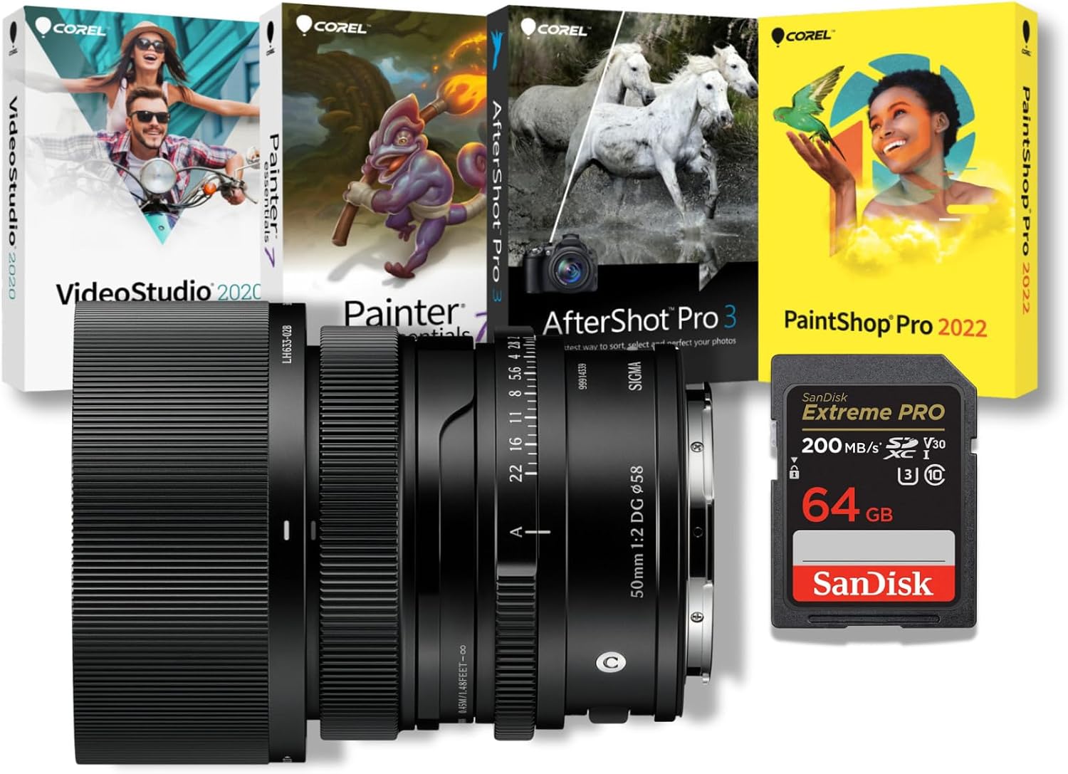 Sigma 50mm F2 DG Contemporary Lens with Manual Aperture Ring 9-Blade Diaphragm Super Multi-Layer Coating (Black, L Mount) Bundle with Software Suite and Memory Card (3 Items)