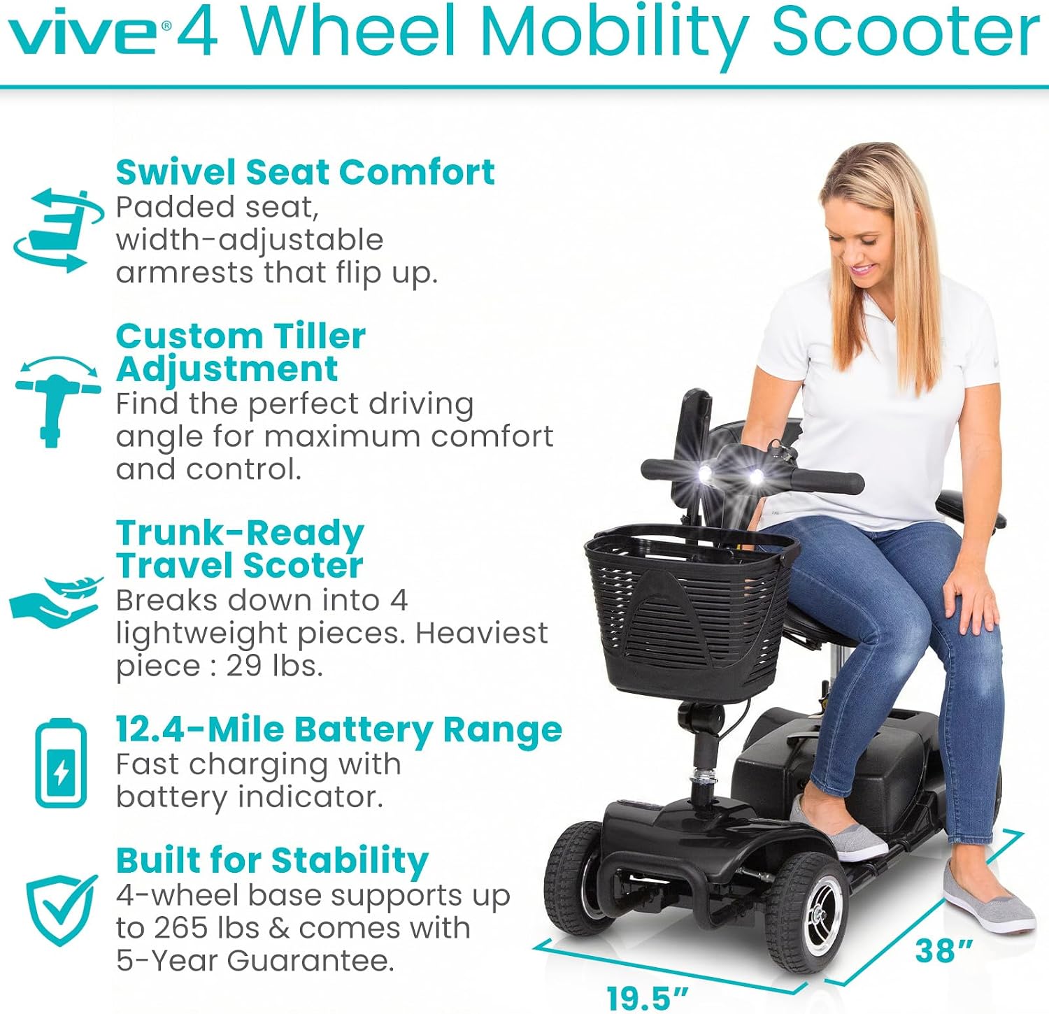 Vive 4 Wheel Mobility Scooter - Electric Powered Wheelchair Device - Compact Heavy Duty Mobile for Travel, Adults, Elderly - Long Range Power Extended Battery with Charger & Basket