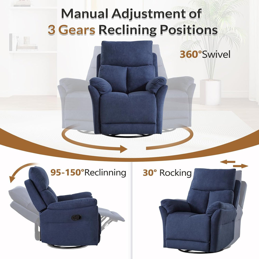 ANJ Swivel Rocker Recliner Nursery Rocking Chairs, Manual Glider Rocking Chair for Adults, Modern Fabric Recliners, 360° Swivel Lazy Boy Recliner Chairs for Living Room, rv, Blue