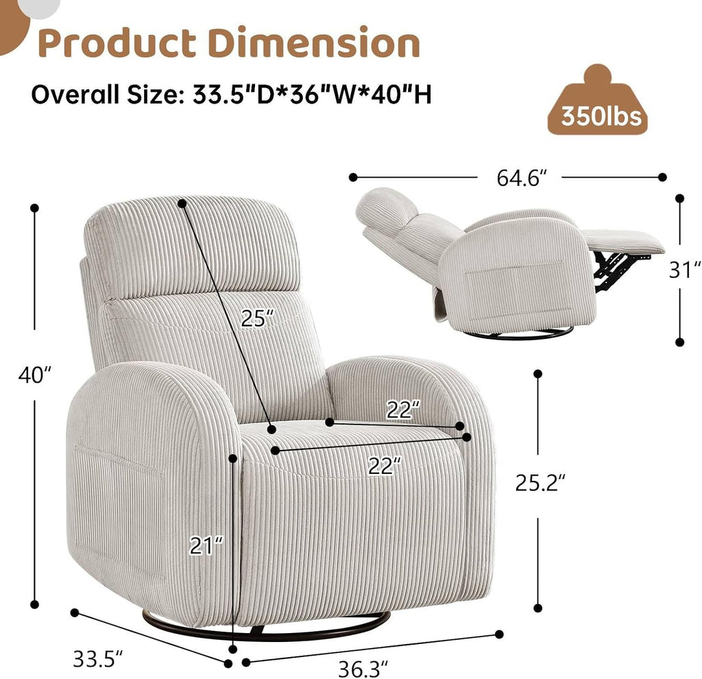 Swivel Rocker Recliner for Nursery, Glider Recliner Nursery Chair, Rocking Recliner Chairs with Double Pockets for Living Room, Camel Corduroy