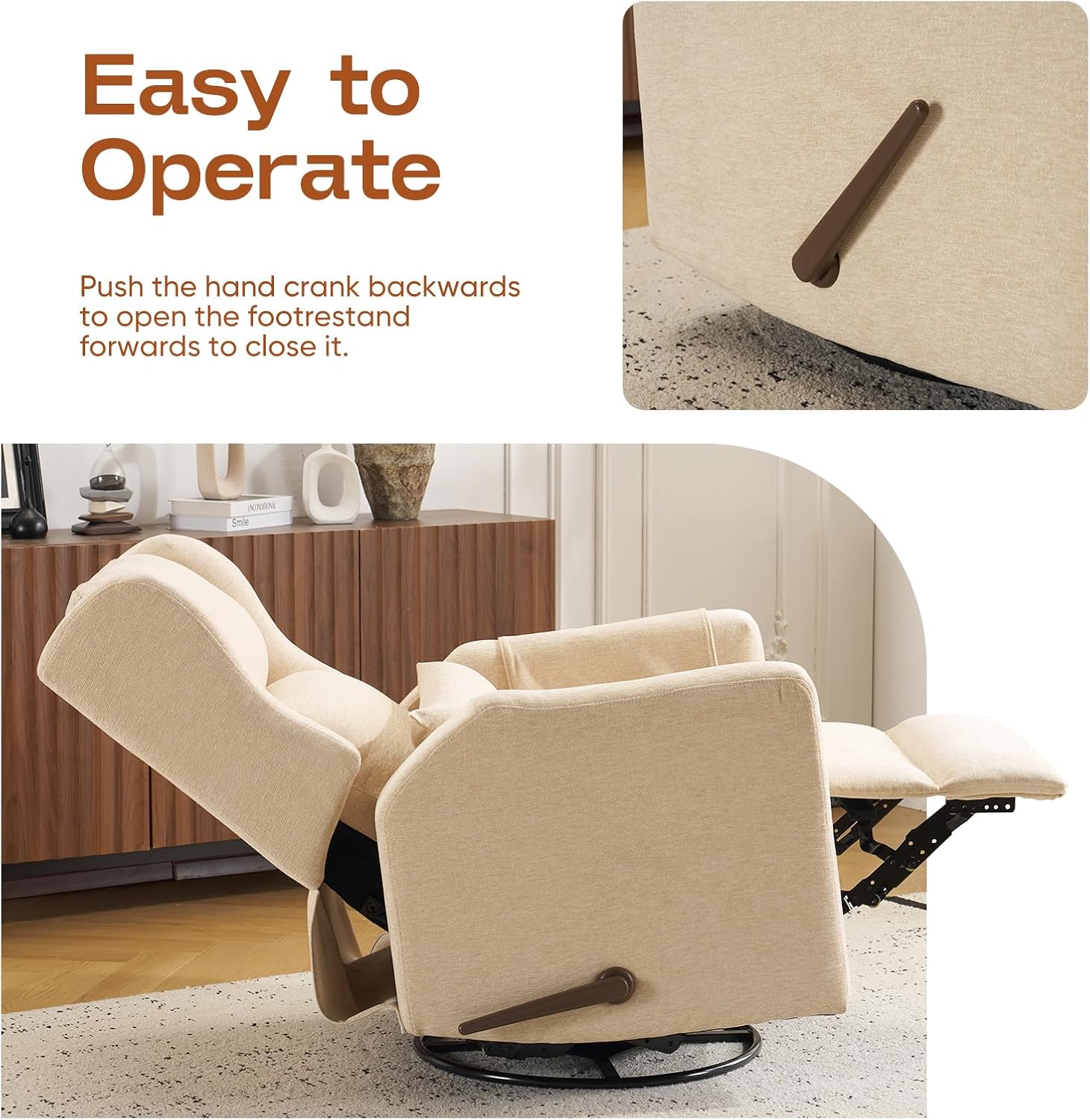 Rocking Chair Nursery with Adjustable Headrest,Comfy Swivel Rocker Recliner with Lumbar Support, Manual Nursery Chair Rocker Recliner with Cup Holder and Side Pockets, Beige