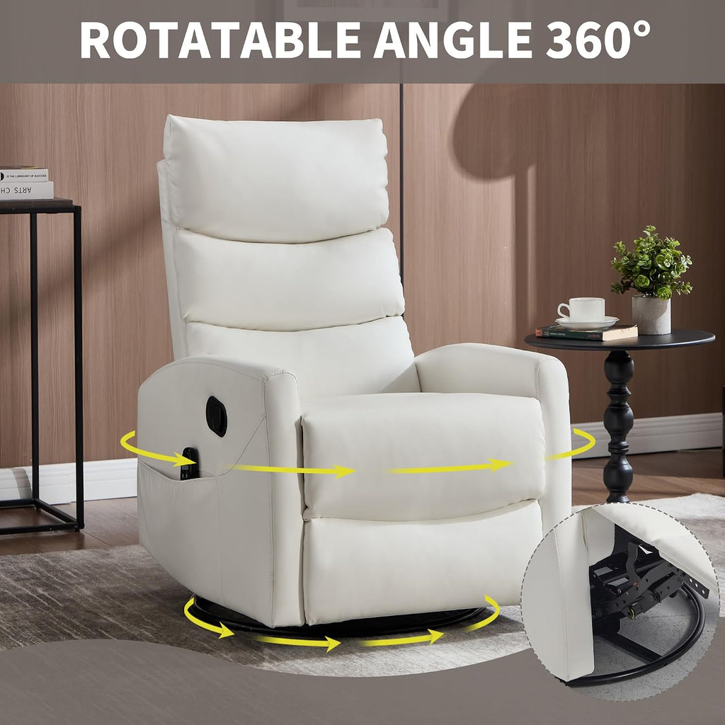 Manual Swivel Rocker Recliner Chair for Adults, Overstuffed Glider Recliner for Nursing with Vibration Massage & Heat, Living Room Rocking Recliner 3-Stage backrest, Faux Leather White