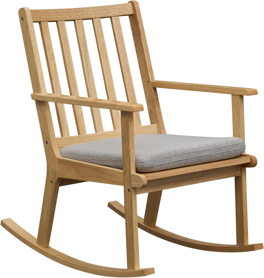 Giantex Rocking Chair with Cushion, Solid Rubber Wood Rocker w/Slatted High Back & Padded Seat, Indoor Rustic Accent Armchair for Living Room, Bedroom, Study, Nursery, Patio, Natural (1)