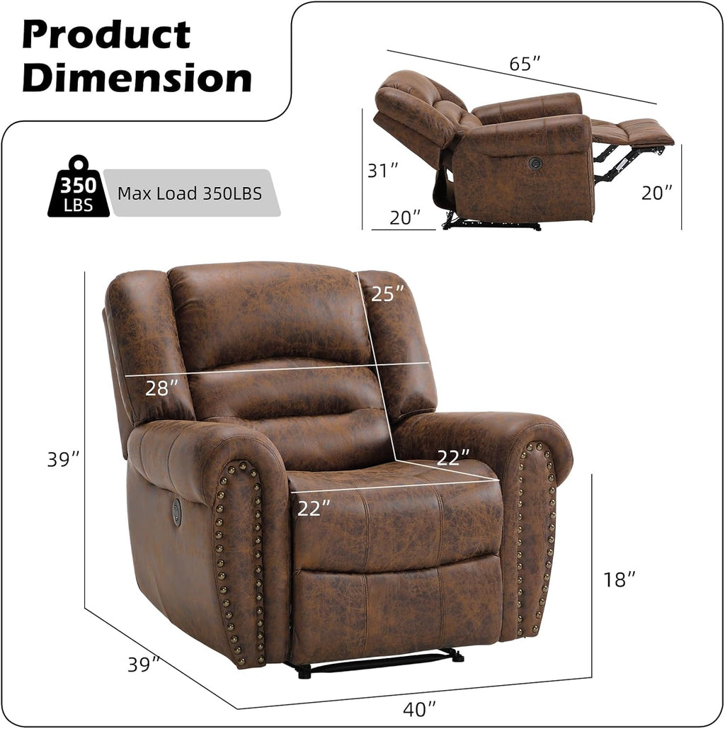 Bonzy Home Power Recliner Chair, Soft Faux Leather Recliner Chair with Thickened Padding and USB&Type-C Charging Ports, Classic Heavy Duty Single Reclining Sofa for Living Room, Nut Brown