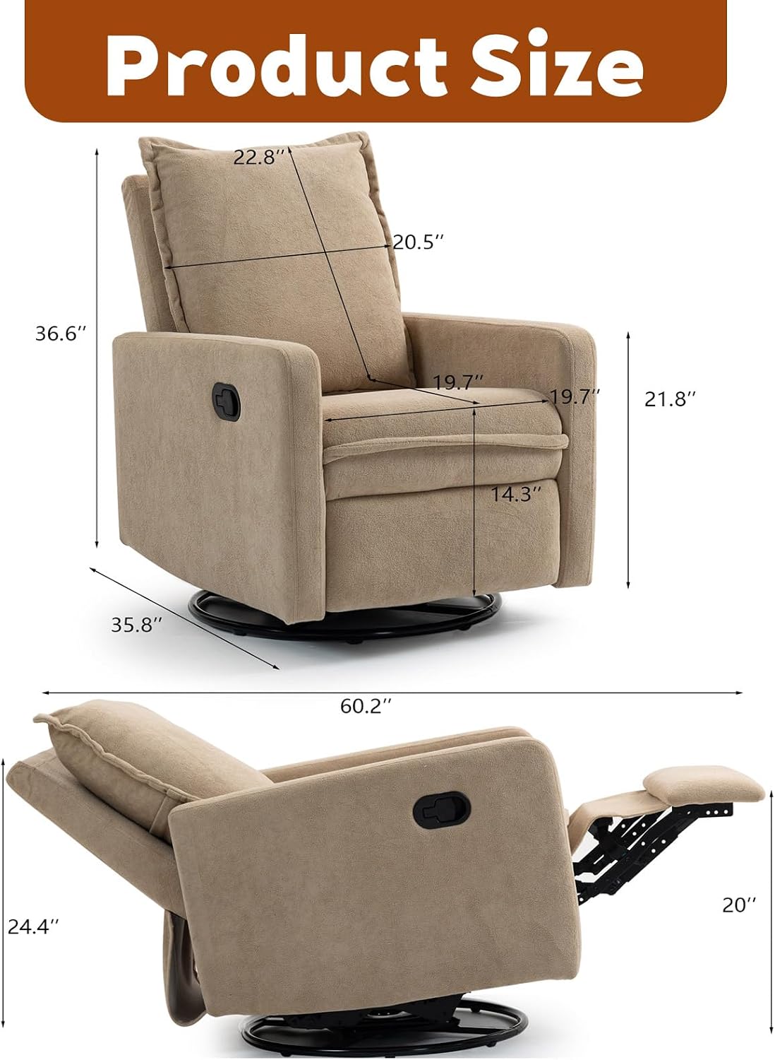 Rocker Recliner Chair for Adults, Swivel Rocker Recliner Chairs with Armrests, Glider Recliner Nursery Chair with Black Metal Base, Small Recliners for Small Spaces, Living Room (Camel)