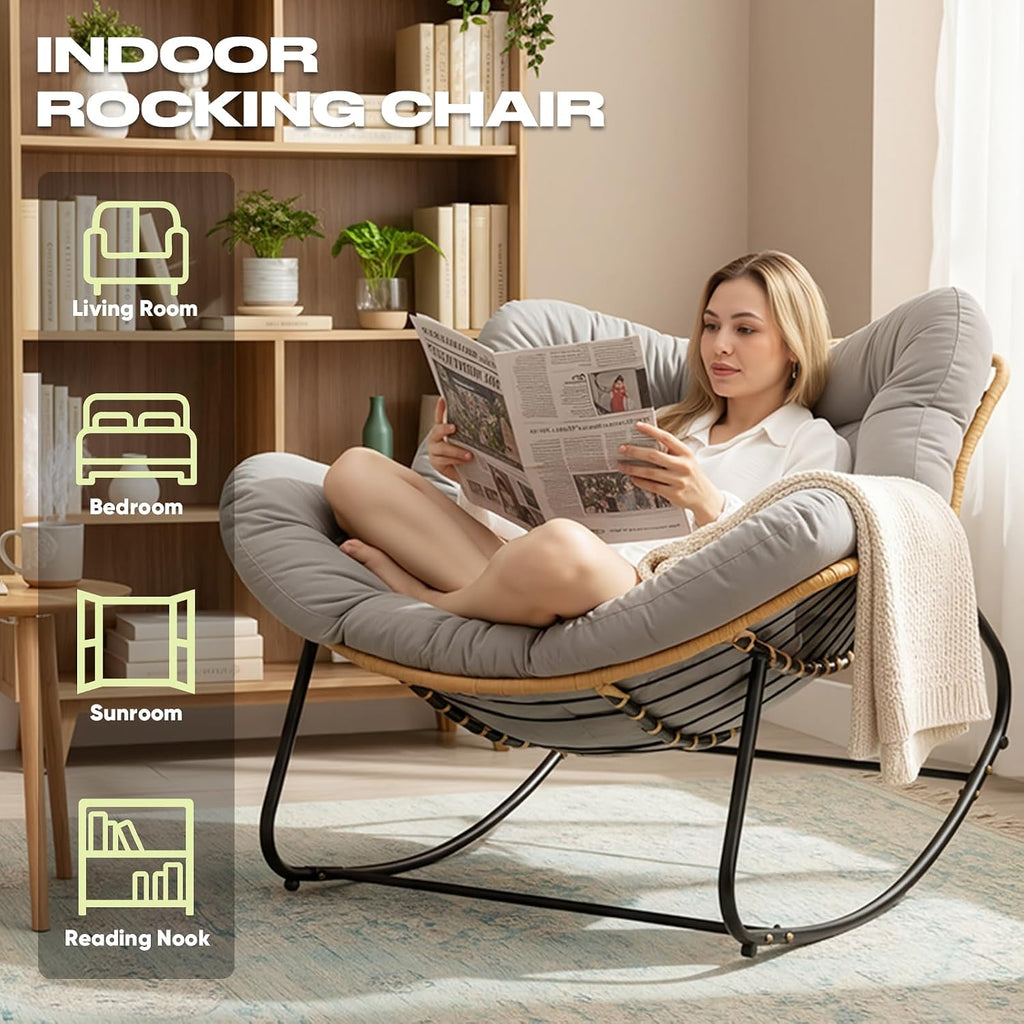 Papasan Chair with Cushion, Oversized Outdoor Rocking Chair, Patio Egg Chair Outdoor, Wicker Modern Cozy Comfy Chair for Bedroom, Living Room, Garden, Balcony, Lawn, Light Grey