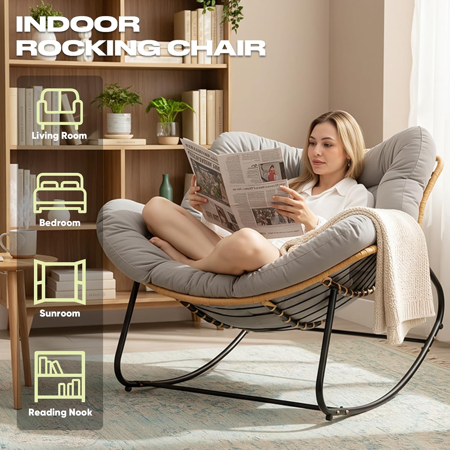 Papasan Chair with Cushion, Oversized Outdoor Rocking Chair, Patio Egg Chair Outdoor, Wicker Modern Cozy Comfy Chair for Bedroom, Living Room, Garden, Balcony, Lawn, Light Grey