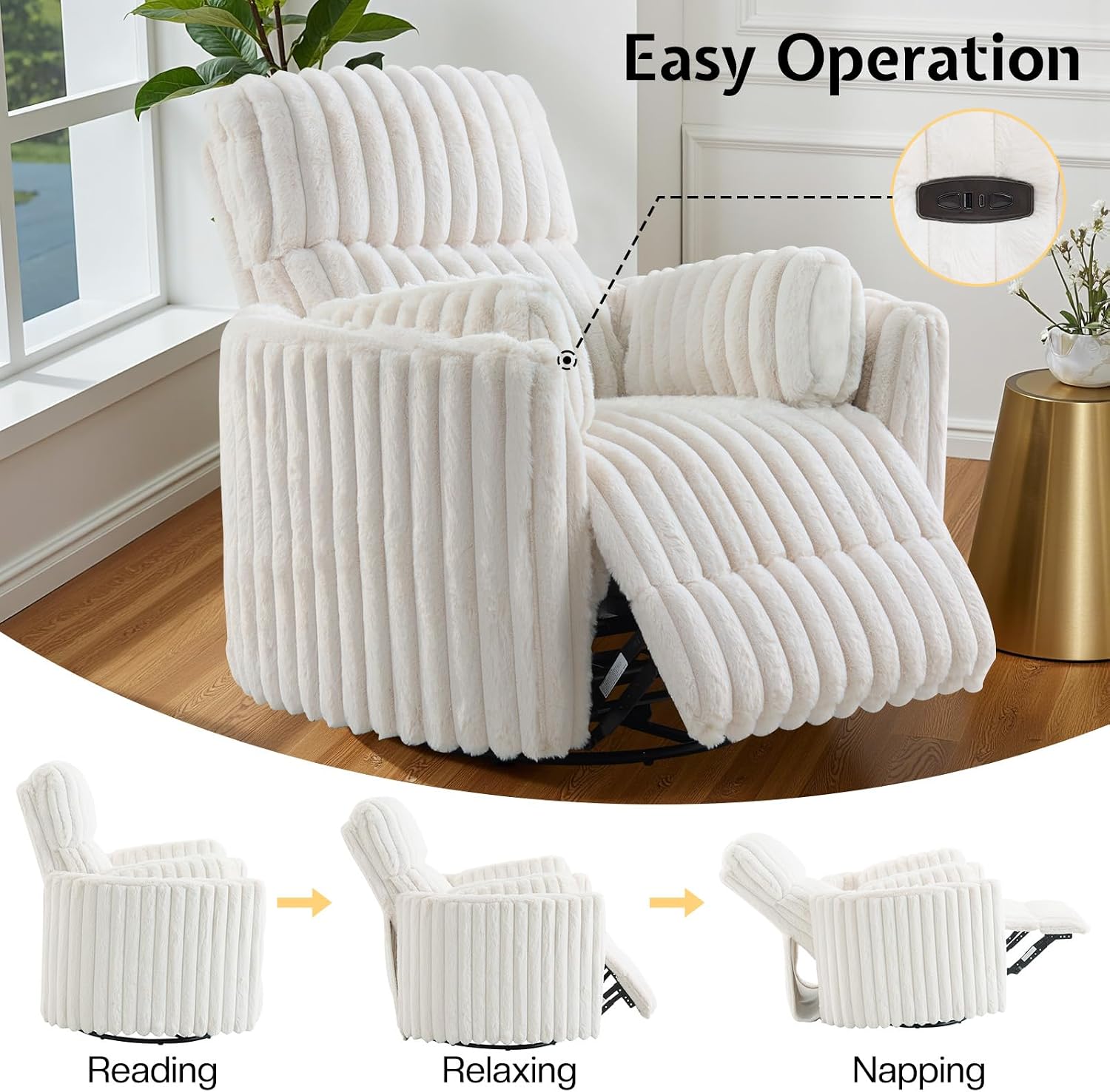Jocisland Power Rocking Nursery Chair, Oversized Recliner Swivel Glider Chairs for Adults with 2 Pillows, USB & Type-C, Cozy Reclining Armchair Sofa for Living Room, Bedroom, Nursing, Cream Corduroy
